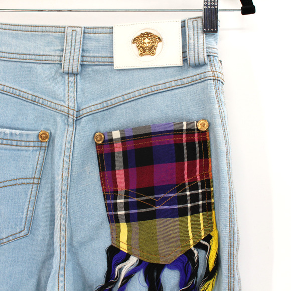 Versace Straight Leg Jeans NEW Multicolor Plaid Back Patch Pocket Fringe Size 27 - Picture 5 of 8